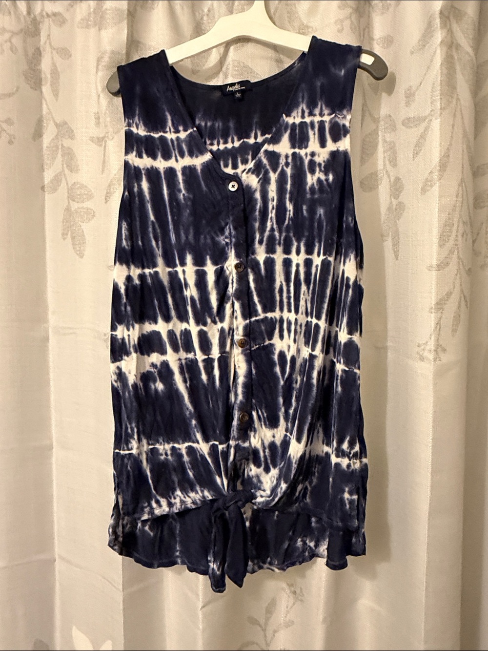 Angels Navy and White Tie-Dye Button Front Tank